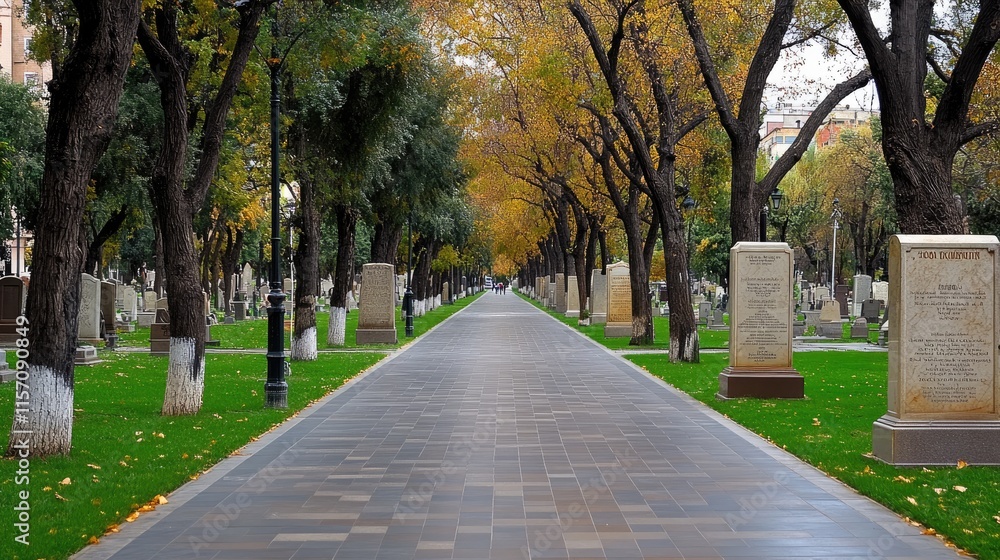 Cemetery features long rows of tombstones and colorful autumn trees, with new poems engraved on marble markers against a clear sky Cemetery features long rows of tombstones and colorful autumn trees, with new poems engraved on marble markers against a clear sky