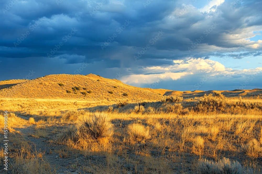 Fototapeta premium Golden desert dunes under a dramatic evening sky.