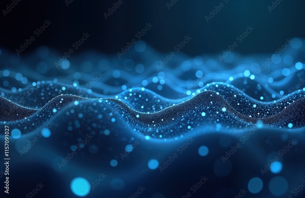 Abstract digital landscape with glowing blue mesh. Wavy patterns of shimmering dots, lines create futuristic, tech background. Suggests dynamic motion, data flow. Modern graphic design suitable for Abstract digital landscape with glowing blue mesh. Wavy patterns of shimmering dots, lines create futuristic, tech background. Suggests dynamic motion, data flow. Modern graphic design suitable for
