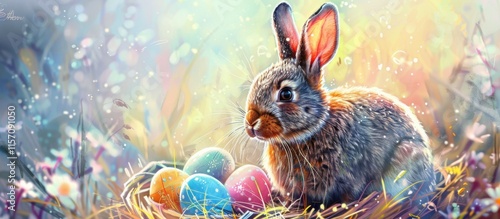 Easter bunny discovers a colorful basket of eggs among blooming flowers in a vibrant wildlife mural photo