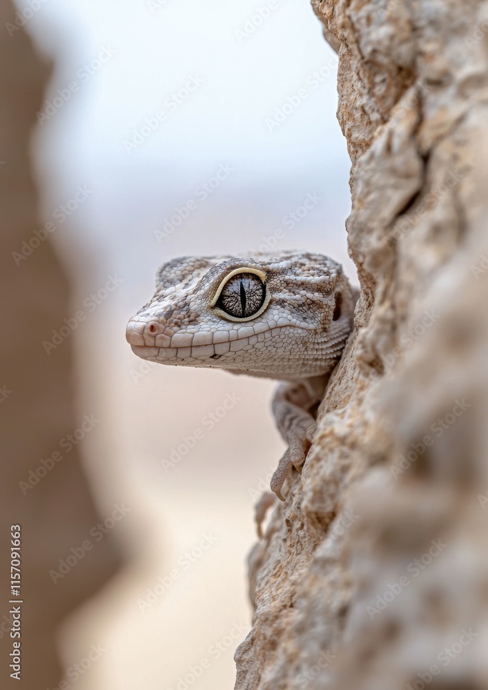 Obraz premium A small lizard is peeking out from behind a rock