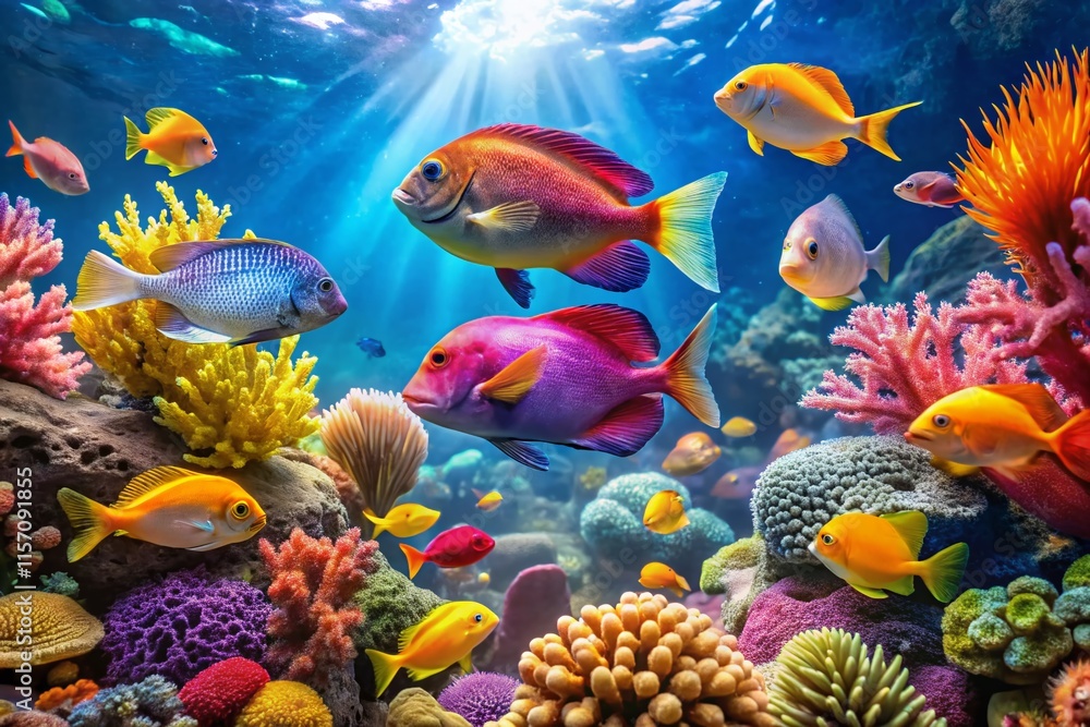 Naklejka premium Vibrant Tropical Fish Aquarium Stock Photo: Colorful Reef Scene