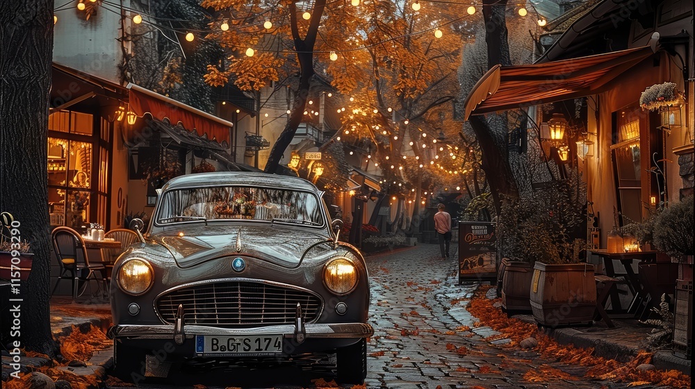 Fototapeta premium A vintage car parked on an old cobblestone street, surrounded by trees with orange leaves and lights hanging from the branches above. with a restaurant in front of which there is outdoor seating.