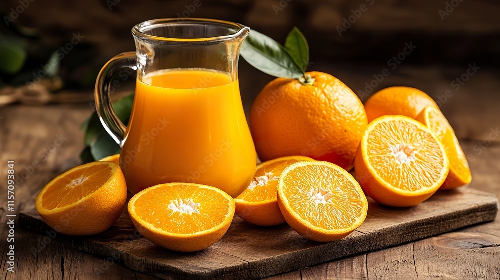 Freshly squeezed orange juice in a jug surrounded by halved oranges on a wooden table Freshly squeezed orange juice in a jug surrounded by halved oranges on a wooden table