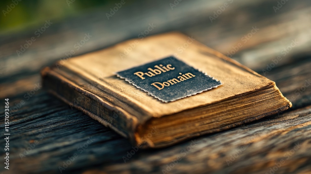 Aged book on rustic wooden table with public domain label in focus International Public Domain Day Aged book on rustic wooden table with public domain label in focus International Public Domain Day
