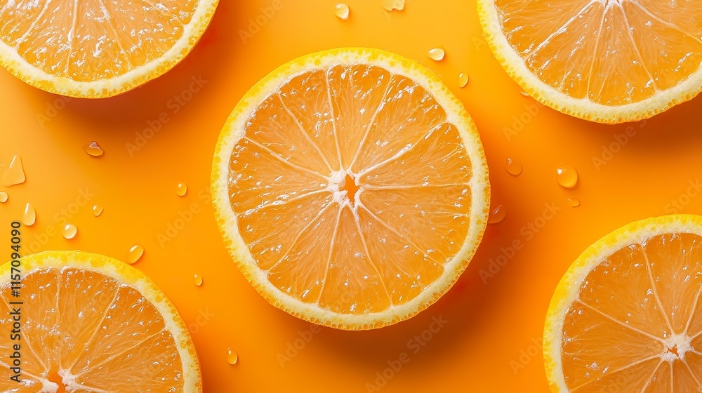 Fototapeta premium Fresh orange slices on a vibrant orange background, showcasing their juicy texture and bright color.