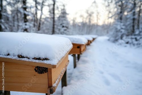 Wallpaper Mural A picturesque scene of beehives situated in a snowy forest during dusk, emphasizing tranquility and the beauty of nature in a serene winter atmosphere. Torontodigital.ca