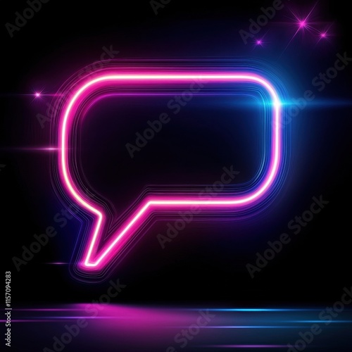 A playful neon speech bubble set with glowing pink and blue lines, surrounded by faint sparkles and abstract light trails, perfect for a vibrant digital communication theme. 