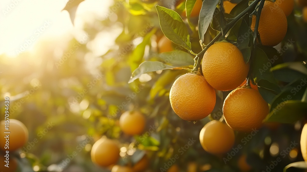 A close-up of golden oranges hanging from lush green branches, illuminated by soft sunlight, showcasing the beauty of citrus fruit in a serene orchard. A close-up of golden oranges hanging from lush green branches, illuminated by soft sunlight, showcasing the beauty of citrus fruit in a serene orchard.