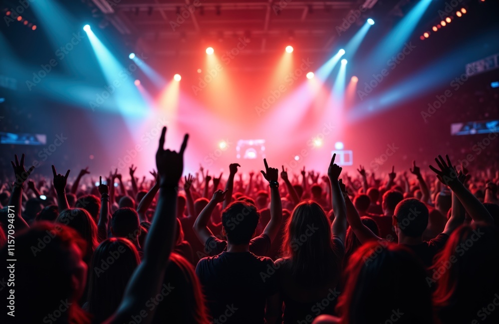 Fototapeta premium Large crowd of people dancing and cheering at a live music concert. Many hands are raised in the air. Bright colorful stage lights illuminate the audience. Energetic atmosphere and exciting live show.