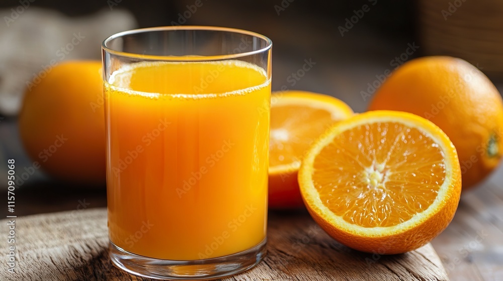 A refreshing glass of orange juice sits on a wooden table next to a halved orange, with a cozy indoor setting in the background. A refreshing glass of orange juice sits on a wooden table next to a halved orange, with a cozy indoor setting in the background.