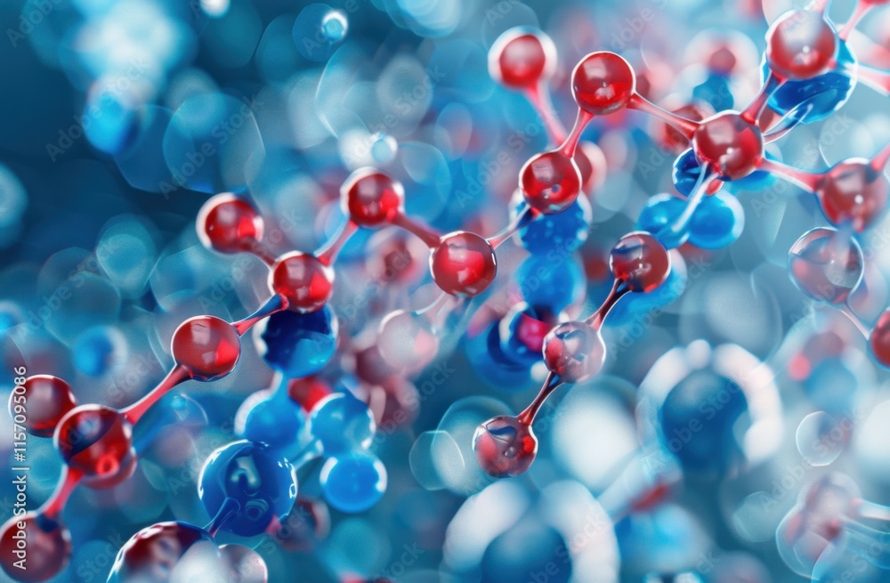 Brightly colored protein molecules interconnected in a scientific, abstract representation illustrating molecular structures and biochemical processes Brightly colored protein molecules interconnected in a scientific, abstract representation illustrating molecular structures and biochemical processes