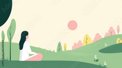 Woman meditating in a serene landscape at sunset with soft pastel colors and gentle hills in the background