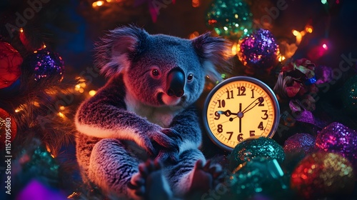 48. A koala sitting near a glowing New Year s countdown clock surrounded by colorful decorations photo