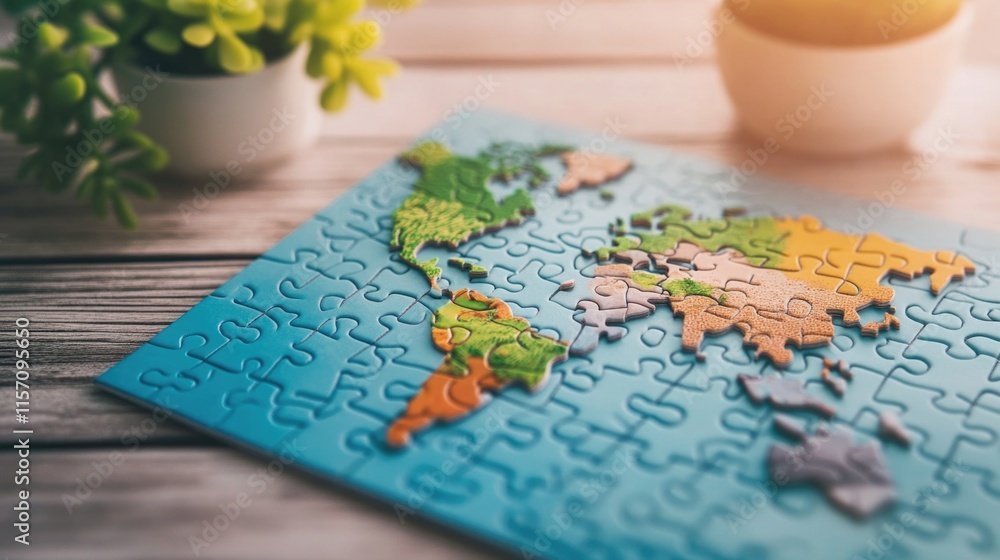 Naklejka premium Colorful world map puzzle on wooden table with green plants