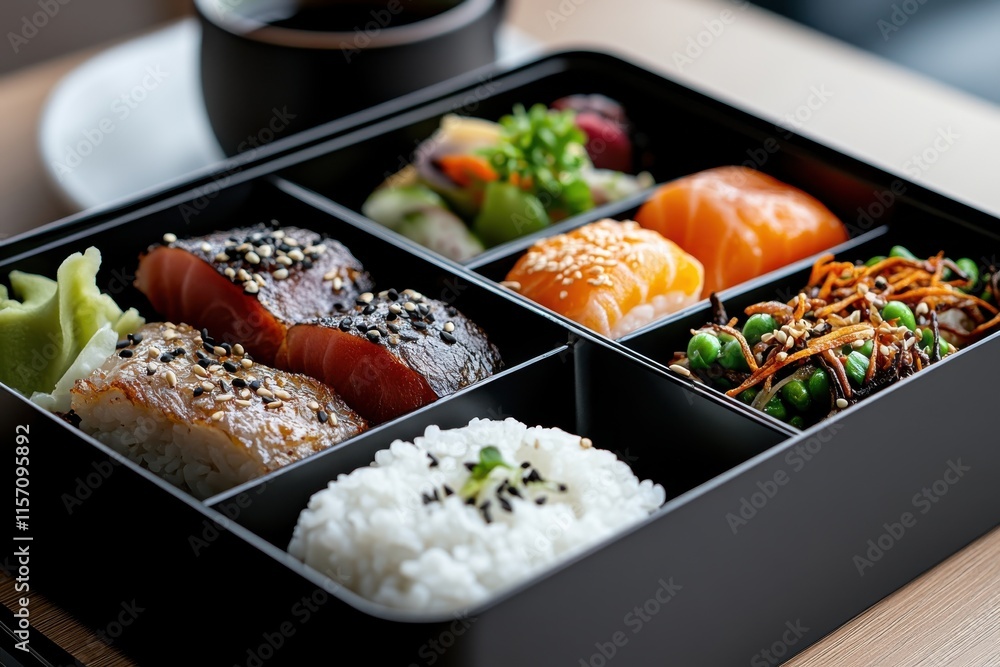 Featuring an exquisite selection of gourmet sushi in a modern box, this image highlights the artistry and flavor blend of traditional Japanese cuisine. Featuring an exquisite selection of gourmet sushi in a modern box, this image highlights the artistry and flavor blend of traditional Japanese cuisine.