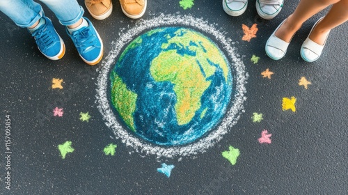 Fototapeta Naklejka Na Ścianę i Meble -  Diverse children's feet surrounding chalk drawing of earth on asphalt