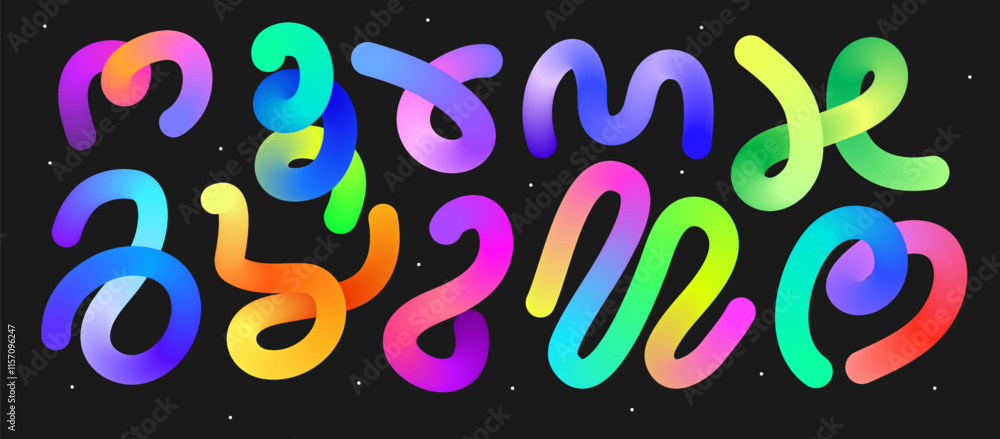 Set of gradient neon line on black background. Curve abstract stroke. Bright motion twisted liquid line shape Set of gradient neon line on black background. Curve abstract stroke. Bright motion twisted liquid line shape