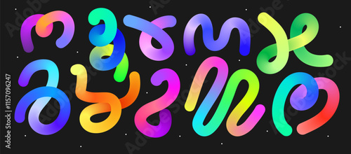 Set of gradient neon line on black background. Curve abstract stroke. Bright motion twisted liquid line shape