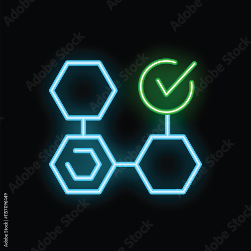 Glowing neon style icon showing a blockchain with a green validation icon above it