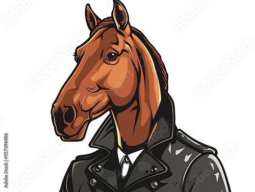 Illustration of a horse's head wearing a leather jacket and collared shirt. photo