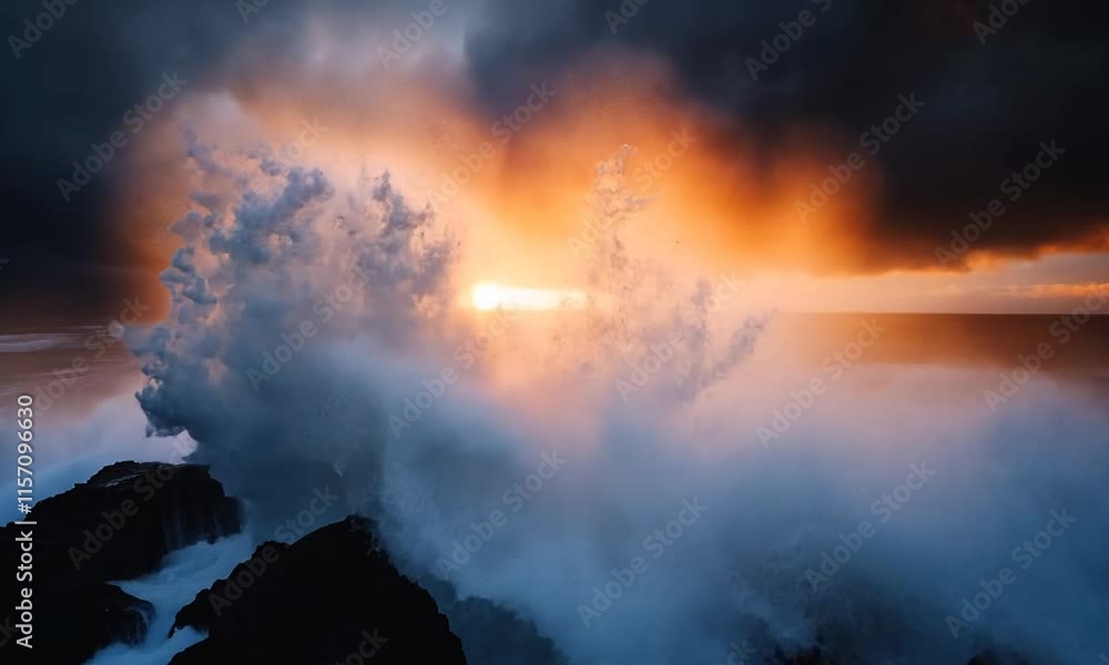 Dramatic sunset over ocean waves crashing against dark rocks. Dramatic sunset over ocean waves crashing against dark rocks.