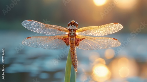 Wallpaper Mural Golden hour dragonfly perched on a reed by water. Torontodigital.ca