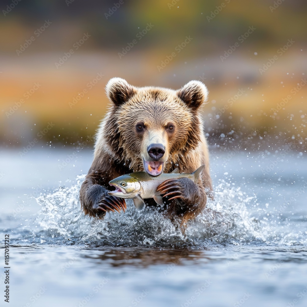 Fototapeta premium A captivating view of a bear hunting for fish in its natural habitat, underscoring the unspoiled beauty of wildlife and the equilibrium of nature, excellent for educational and conservation-focused