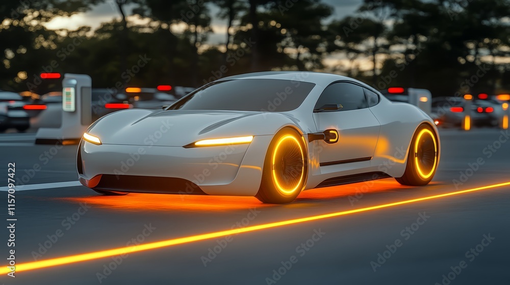 Futuristic Electric Car Driving at Sunset Futuristic Electric Car Driving at Sunset
