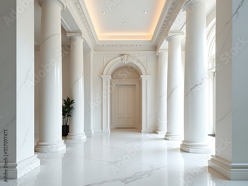 Luxury Interior Features White Marble, Spacious Design, Column Pillars, And A Grand Colonnaded Entrance In A Refined Setting. 00002 photo