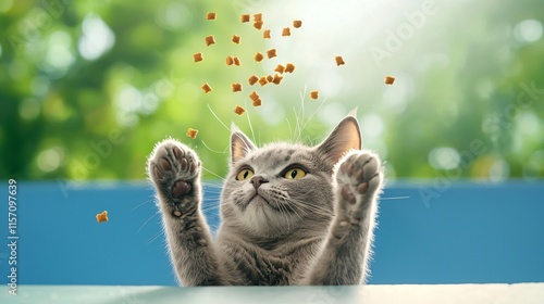 A playful cat leaps for falling kibble in a bright, cheerful setting. photo