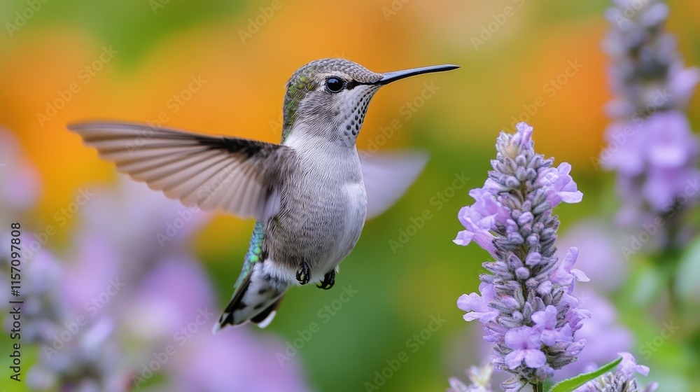 Naklejka premium Hummingbird in flight near purple flowers.