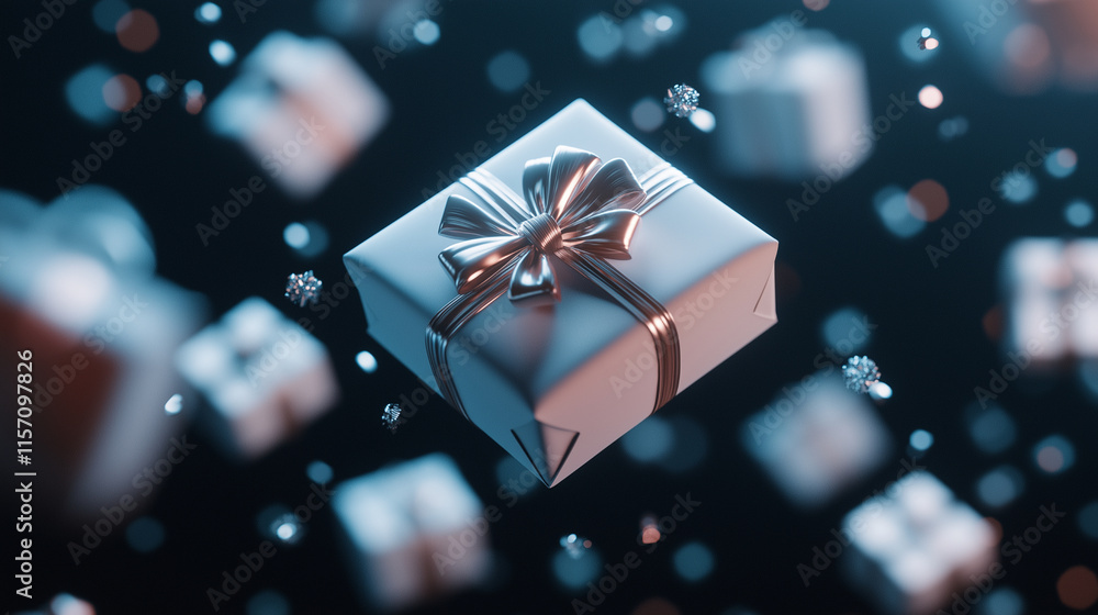 Falling and floating Christmas gift boxes with bows and ribbons, New Year gifts Falling and floating Christmas gift boxes with bows and ribbons, New Year gifts