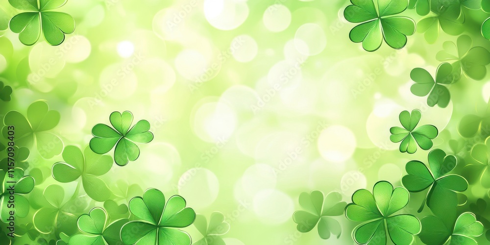 Vibrant Green Background with Shamrock Clovers and Dreamy Bokeh Effect Ideal for Celebrations, Nature Themes, or Festive Occasions