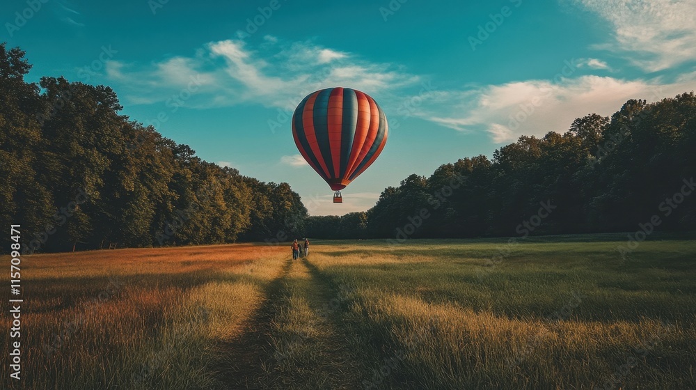 Obraz premium Team prepares hot air balloon for ascent in early morning light near a scenic landscape