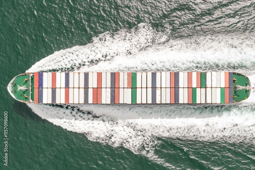 Aerial view from drone, Container ship or cargo shipping business logistic import and export freight transportation by container ship in open sea, Container loading cargo freight ship boat photo