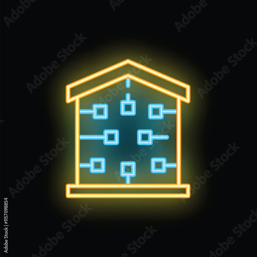 Bright neon icon of a datacenter is glowing against a dark background