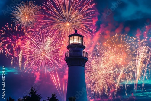 An array of stunning, colorful fireworks burst in the dark sky above a striking lighthouse, capturing the essence of awe and wonder on a festive night. photo