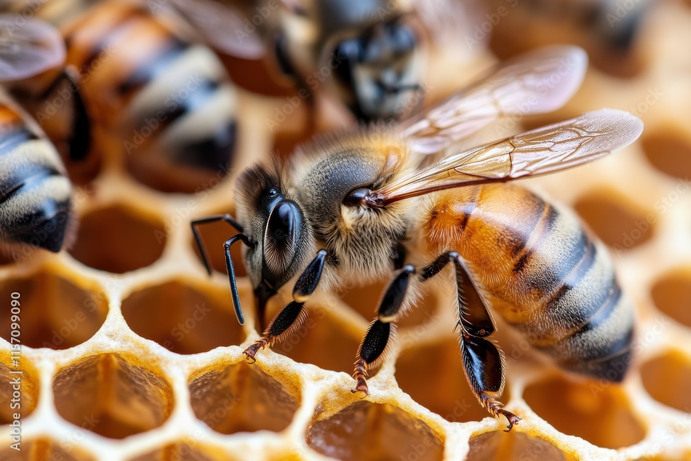 This image captures a detailed view of bees gathering honey from the honeycomb, highlighting their collaborative nature and the beauty of their intricate environment. This image captures a detailed view of bees gathering honey from the honeycomb, highlighting their collaborative nature and the beauty of their intricate environment.