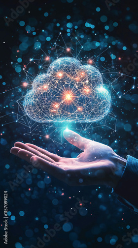 A glowing digital cloud hovers above an outstretched hand, symbolizing technology, connectivity, and data exchange in a modern, abstract design.