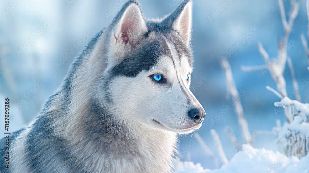 Siberian Husky, side view profile of head and shoulders, beautiful blue eyes, winter background, high-resolution photography, hyperrealistic. Siberian Husky, side view profile of head and shoulders, beautiful blue eyes, winter background, high-resolution photography, hyperrealistic.