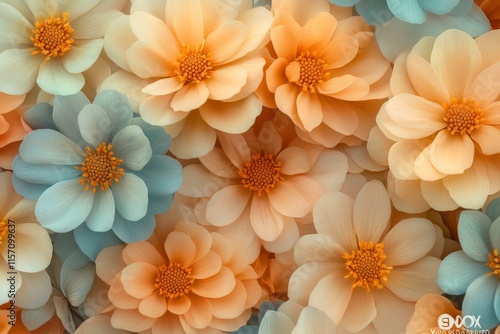 An intricate display of peach and blue flowers showcasing a harmonious blend of soft colors and delicate petals in a dense arrangement, evoking serenity and beauty.