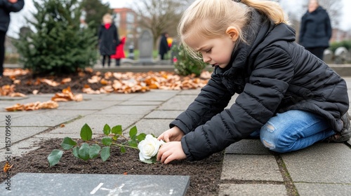 Blonde girl in black kneels to place a white rose on a gravestone, creating a solemn atmosphere in the cemetery
