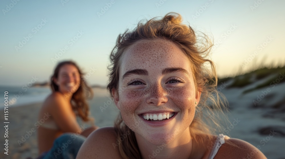 Friends enjoy a sunset on the beach with smiles and laughter Friends enjoy a sunset on the beach with smiles and laughter