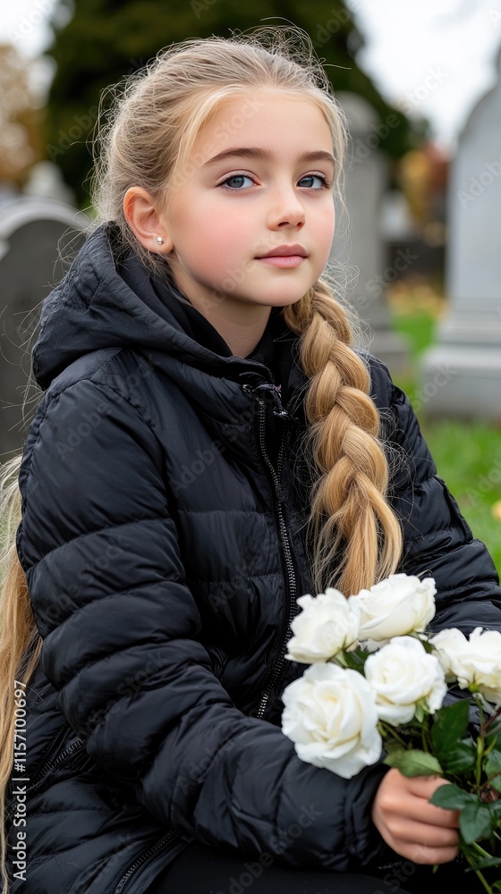Blonde girl in black kneels to place a white rose on a gravestone, creating a solemn atmosphere in the cemetery Blonde girl in black kneels to place a white rose on a gravestone, creating a solemn atmosphere in the cemetery