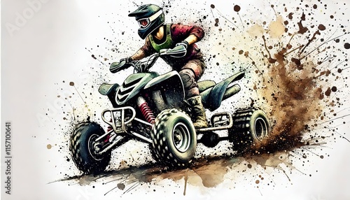 Close up of an ATV tire kicking up mud, ATV Racing male athlete in watercolour painting in minimalist white background, photo