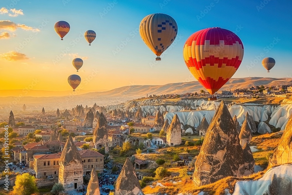 Obraz premium Colorful hot air balloons soar over Cappadocia landscape with unique rock formations during sunlit morning hours