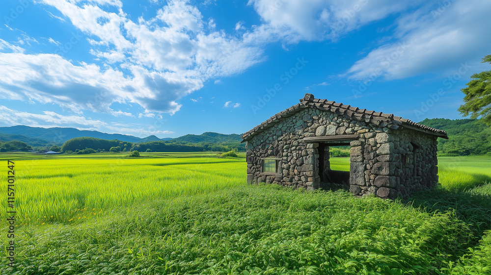 夏の牧場に佇む日本の石垣と歴史的な建物 夏の牧場に佇む日本の石垣と歴史的な建物