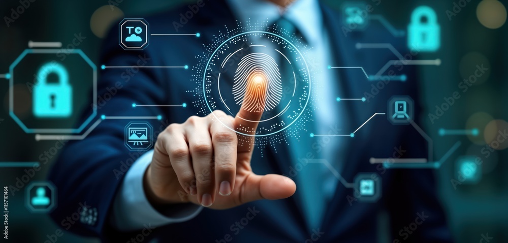 Businessman uses fingerprint scan for personal data access. Secure tech solution for personal info. Biometric identification process. Illustrative image about cyber security. Futuristic digital Businessman uses fingerprint scan for personal data access. Secure tech solution for personal info. Biometric identification process. Illustrative image about cyber security. Futuristic digital