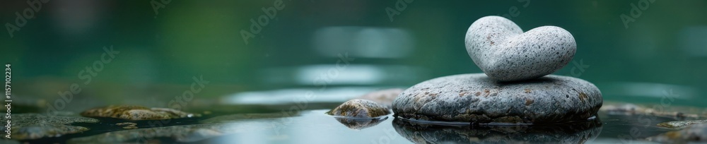 Grey heart-shaped stone, serene water backdrop, carefully positioned stones , nature photography, water surface Grey heart-shaped stone, serene water backdrop, carefully positioned stones , nature photography, water surface